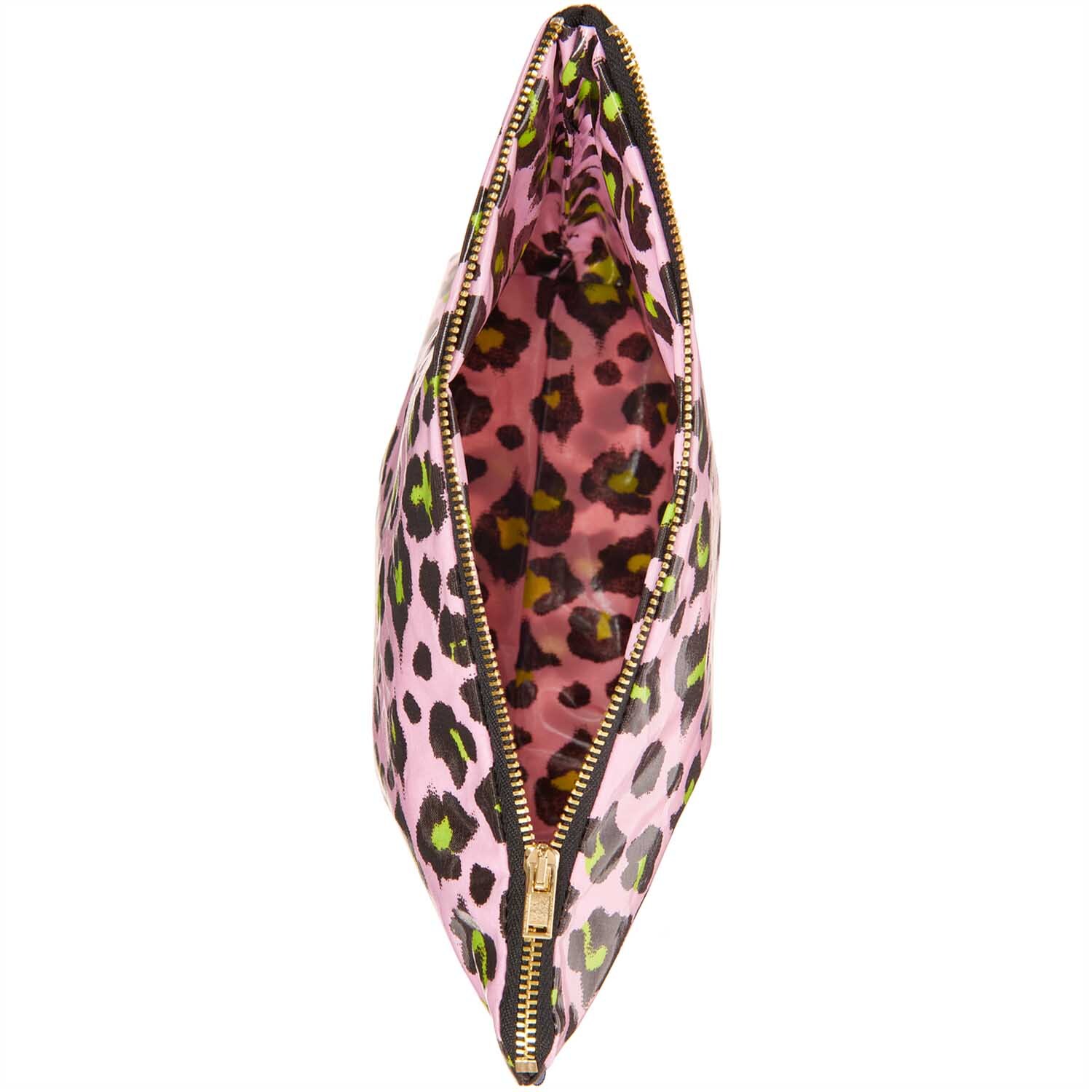 Kosmetiktasche Acid Leo mit Leopardenmuster, Reißverschluss und geräumigem Innenraum, ideal für Reisen.