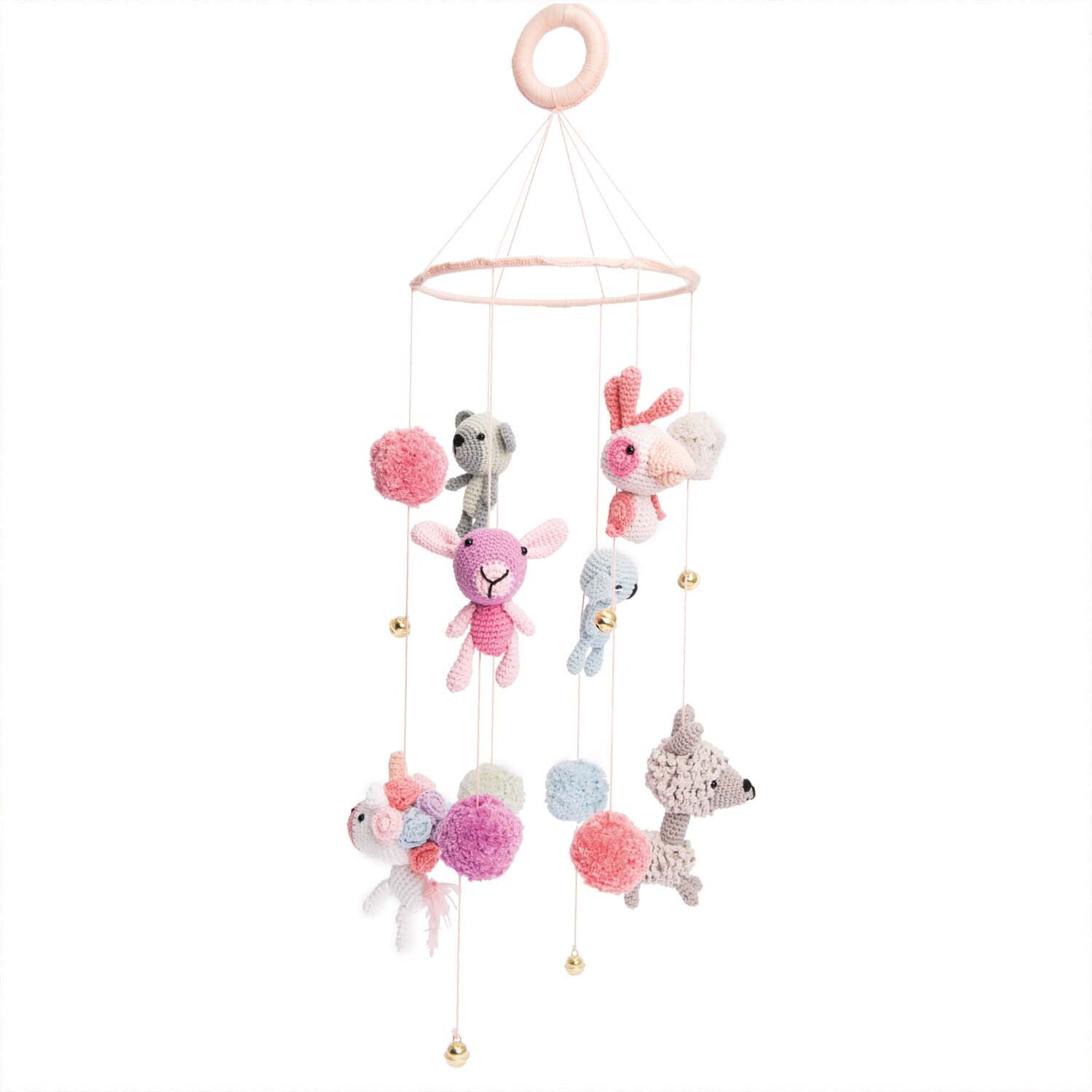 Ricorumi Baby Little Animals: Ein Mobile mit gehäkelten Tieren und Pompons in sanften Pastelltönen von Rico Design.