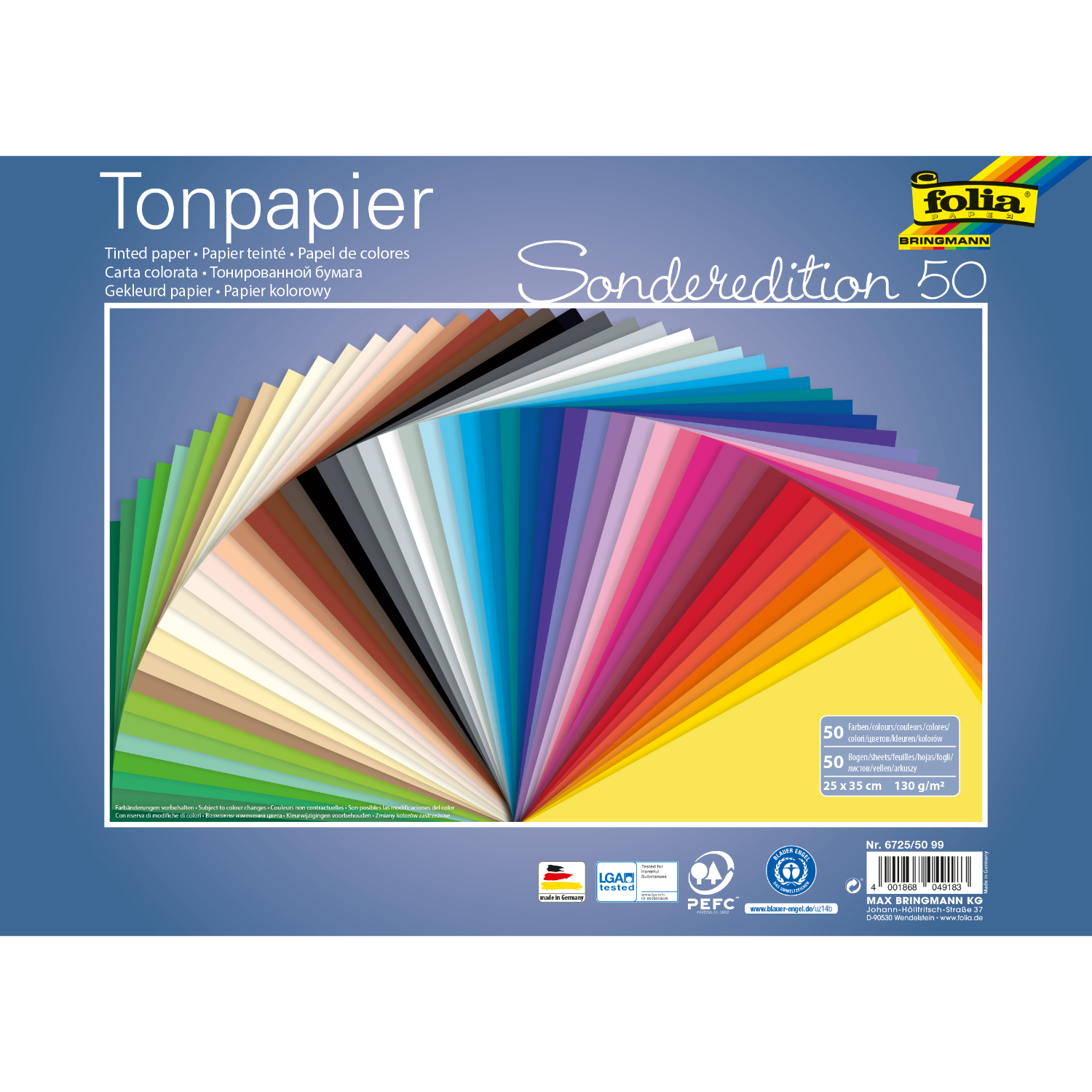 Tonzeichenpapier von folia, Sonderedition mit 50 Blatt in verschiedenen Farben, 25x35cm, 130g/m².
