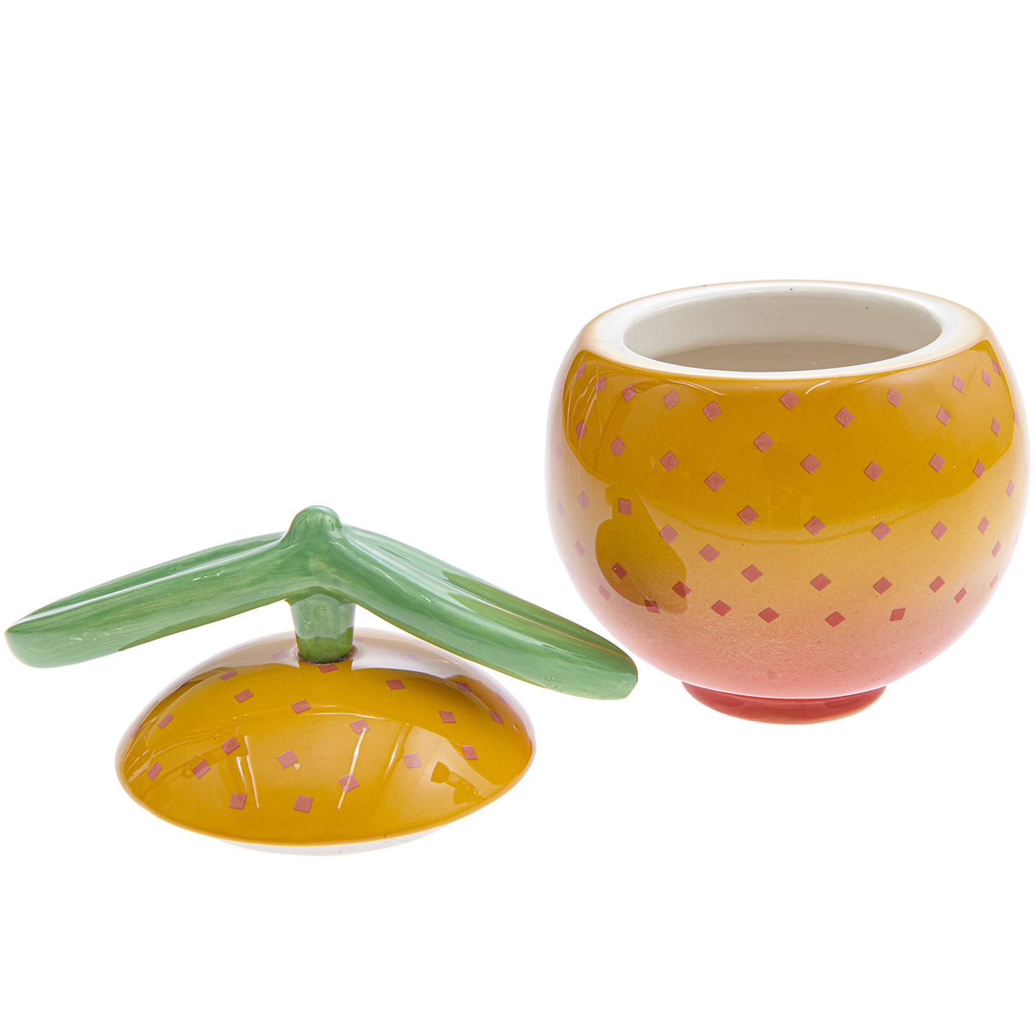Keramik Dose Orange 12,5cm von Rico Design. Runde, orangefarbene Dose mit abnehmbarem Deckel und grünem Griff. Ideal für stilvolle Aufbewahrung.