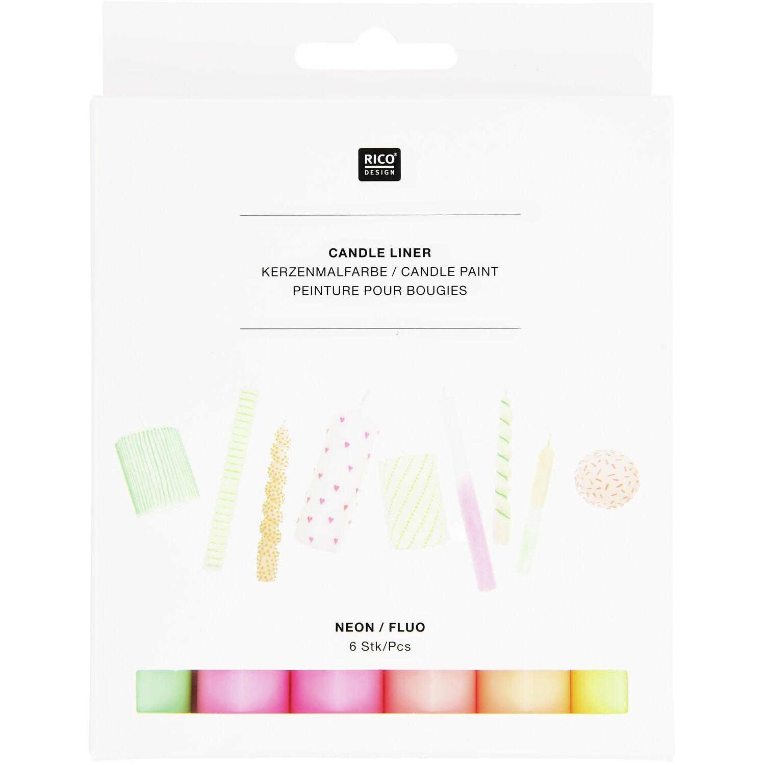 Candle Liner Kerzenmalfarbe Set Neon mit sechs Farben à 30ml von Rico Design, ideal zum Verzieren von Kerzen.