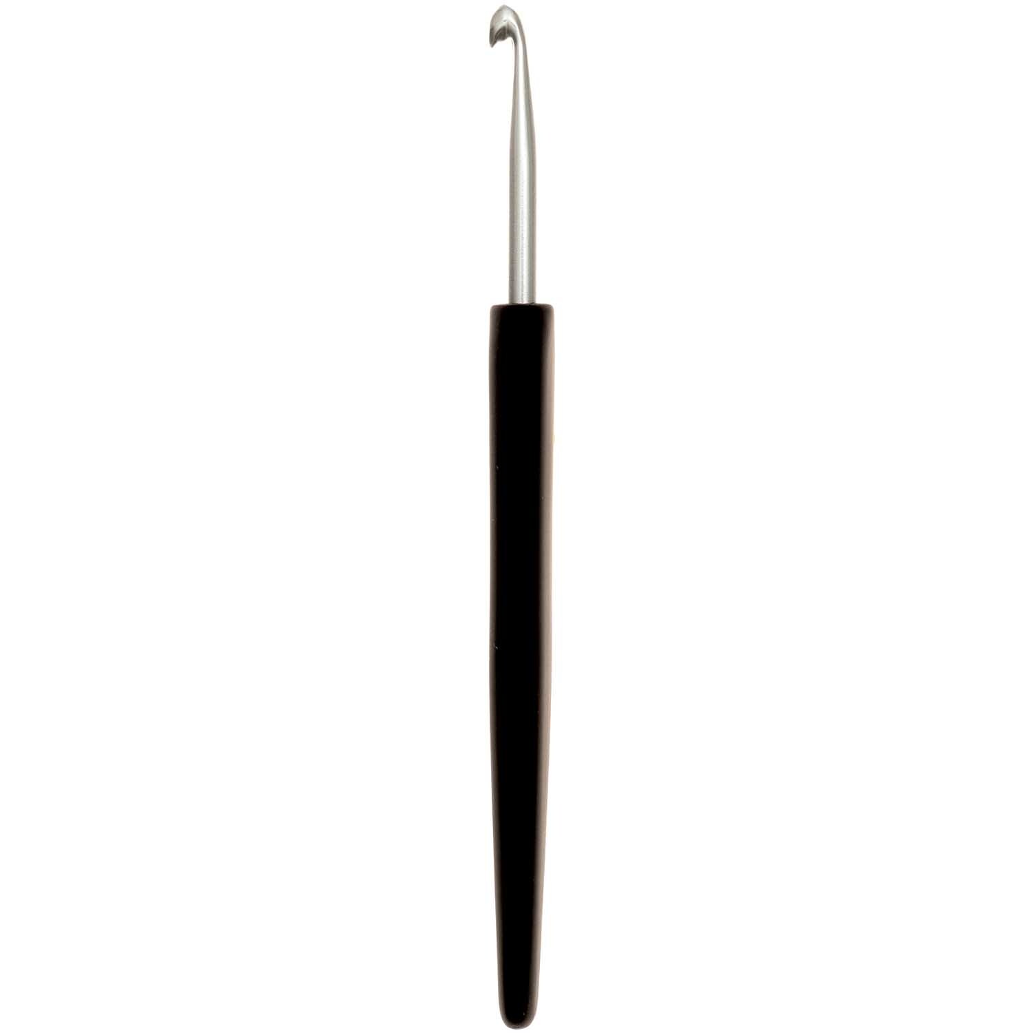 KnitPro Häkelnadel Aluminium mit schwarzem Griff und silberner Spitze, ideal für präzises Häkeln.