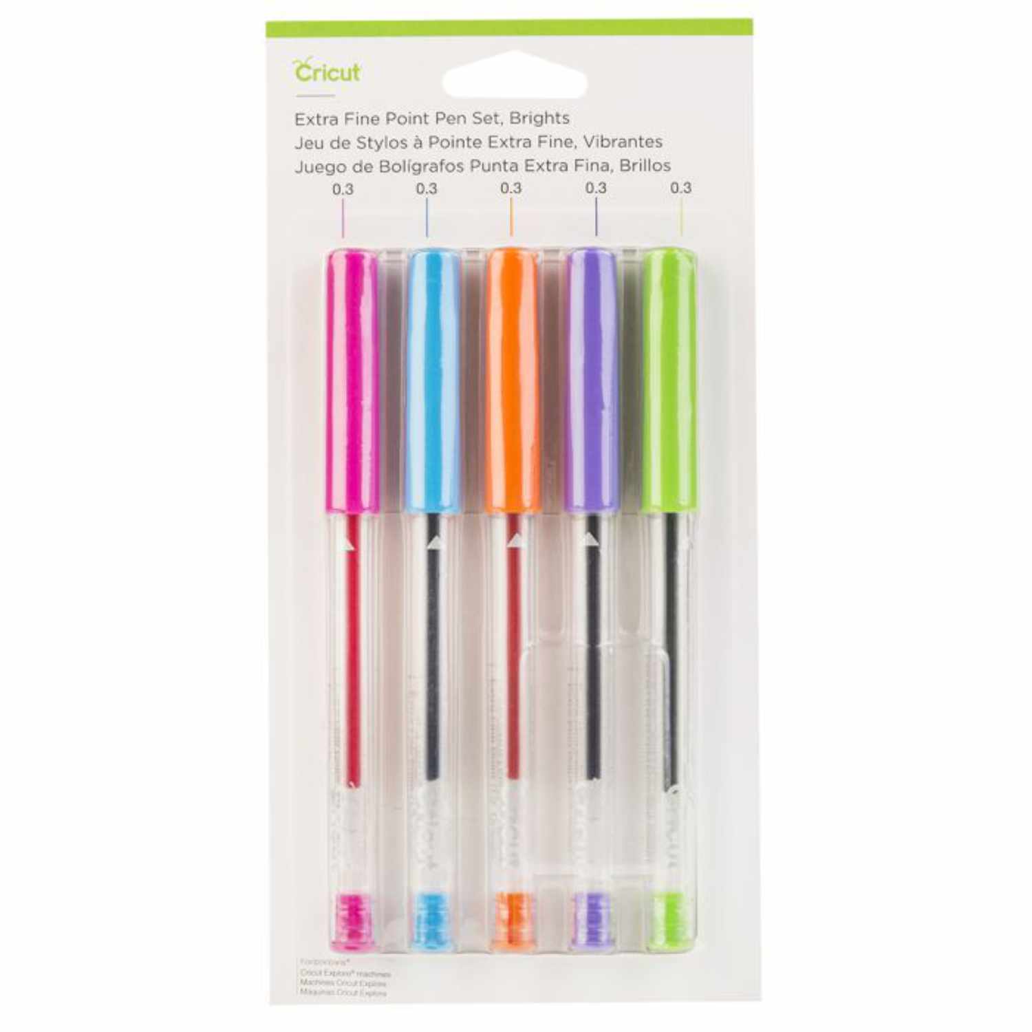 Extra Fine Point Stifteset 0,3mm 5 Stück von Cricut mit bunten Kappen in einer transparenten Verpackung.