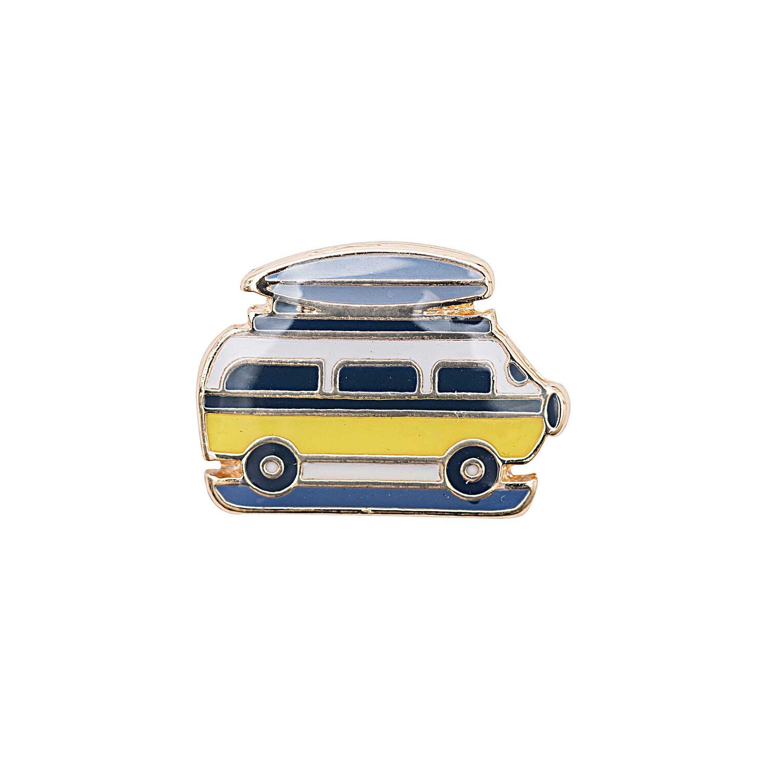 Pin Bulli 27x28mm von Rico Design zeigt einen stilisierten Bus in Blau und Gelb mit Dachgepäckträger.