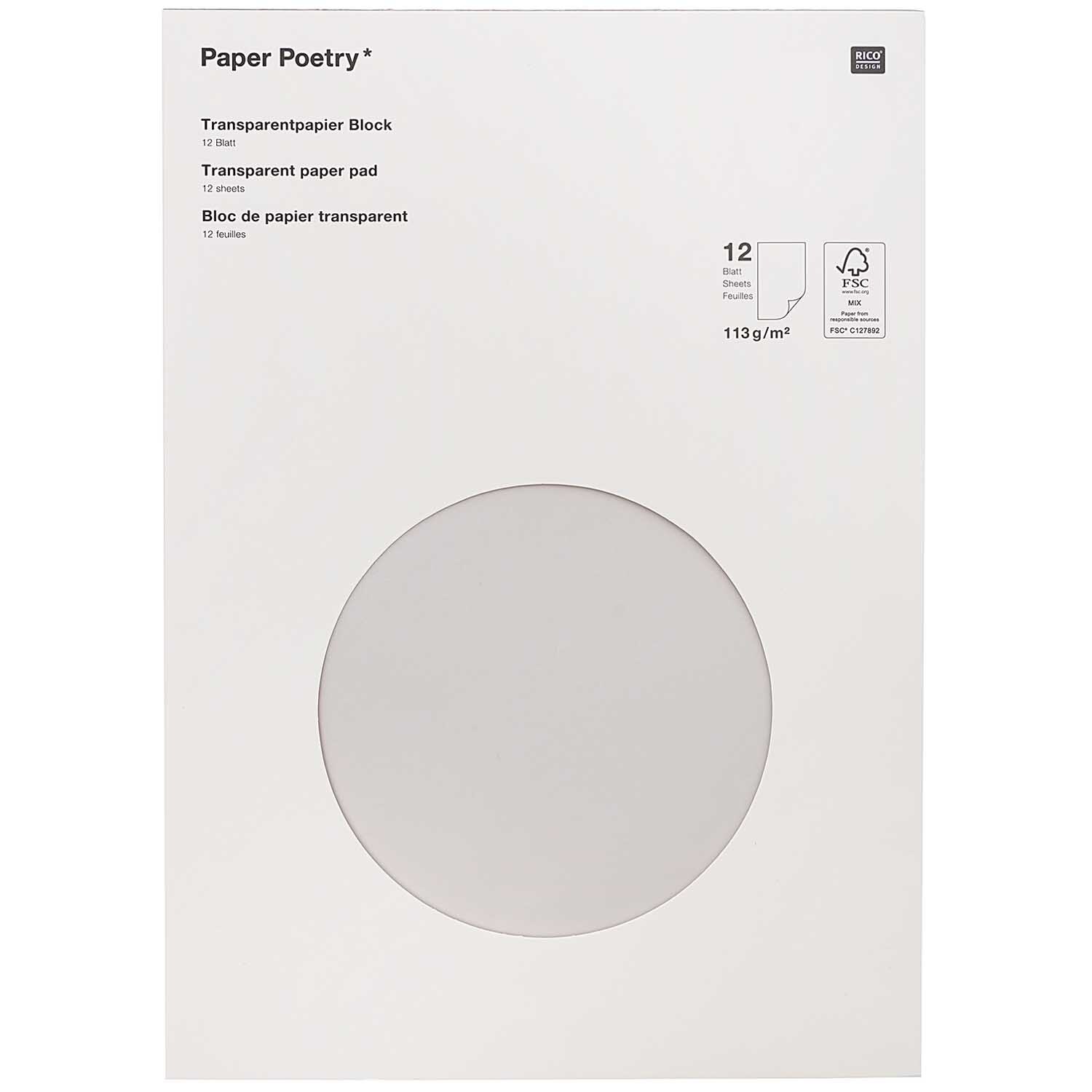 Paper Poetry Transparentpapierblock 21x29,5cm zeigt 12 Blätter von Rico Design in einer schlichten Verpackung.