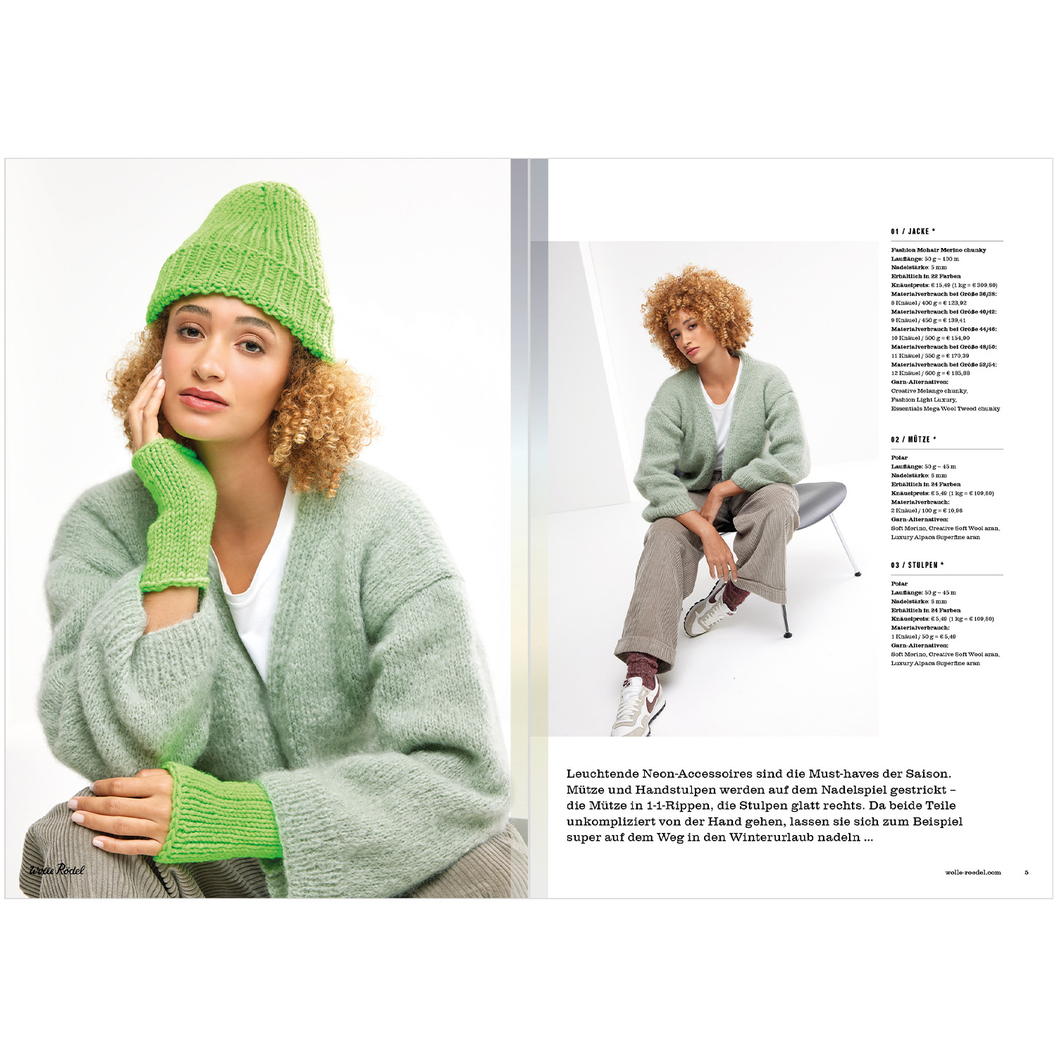 Die Neue Masche Nr. 08 Winter: Frau in grünem Strickset mit Mütze und Handschuhen von Wolle Rödel.