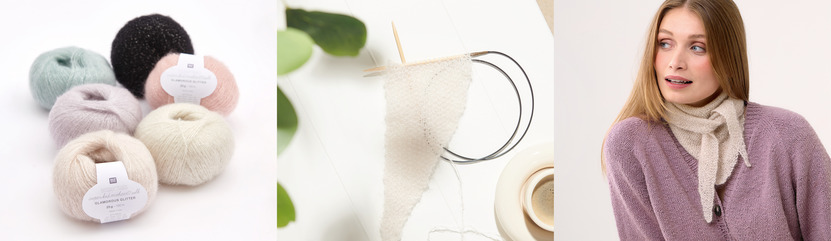Drei Bilder nebeneinander. Verschieden farbige Wollknäuel, ein Strickstück mit Rundstricknadeln und eine Frau mit gestrickten einem Minihalstuch.