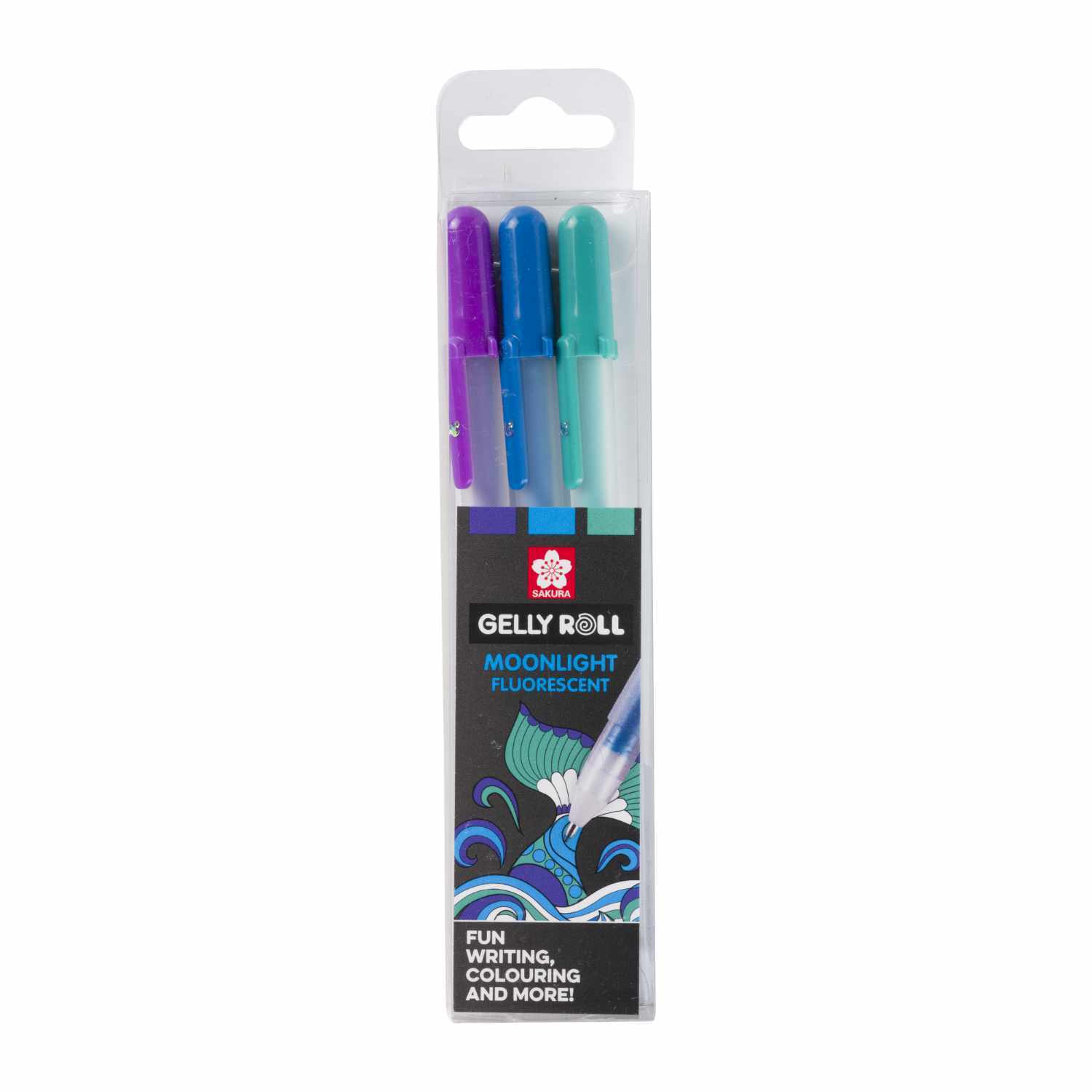 Gelly Roll Moonlight Gelstifte Oceans 3 Stück in einer Verpackung mit fluoreszierenden Farben von Sakura. Ideal zum Schreiben und Zeichnen.