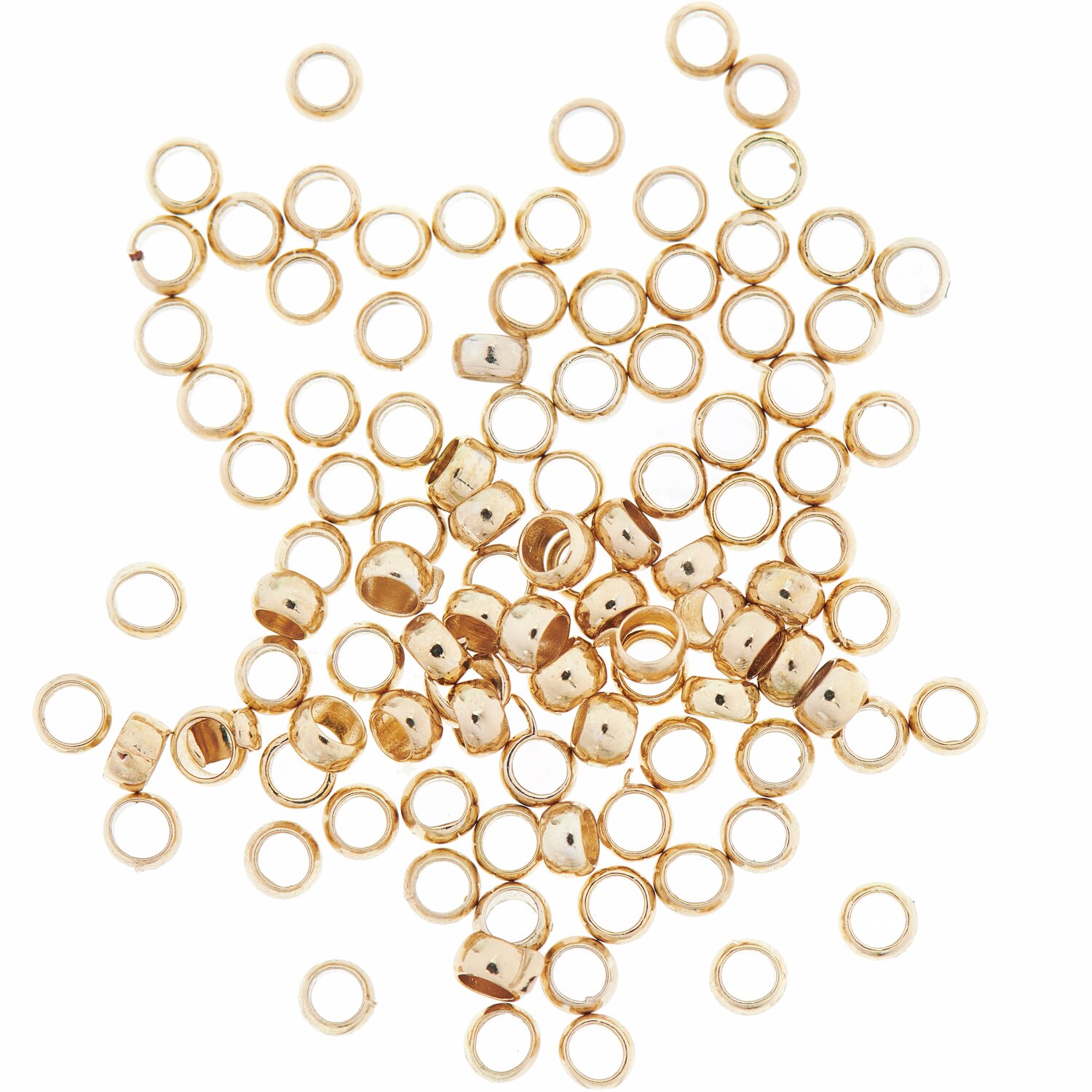 QuetschPerle gold 2,5mm 100 Stück von Rico Design. Goldene Quetschperlen in runder Form auf weißem Hintergrund. Ideal für Schmuckherstellung.