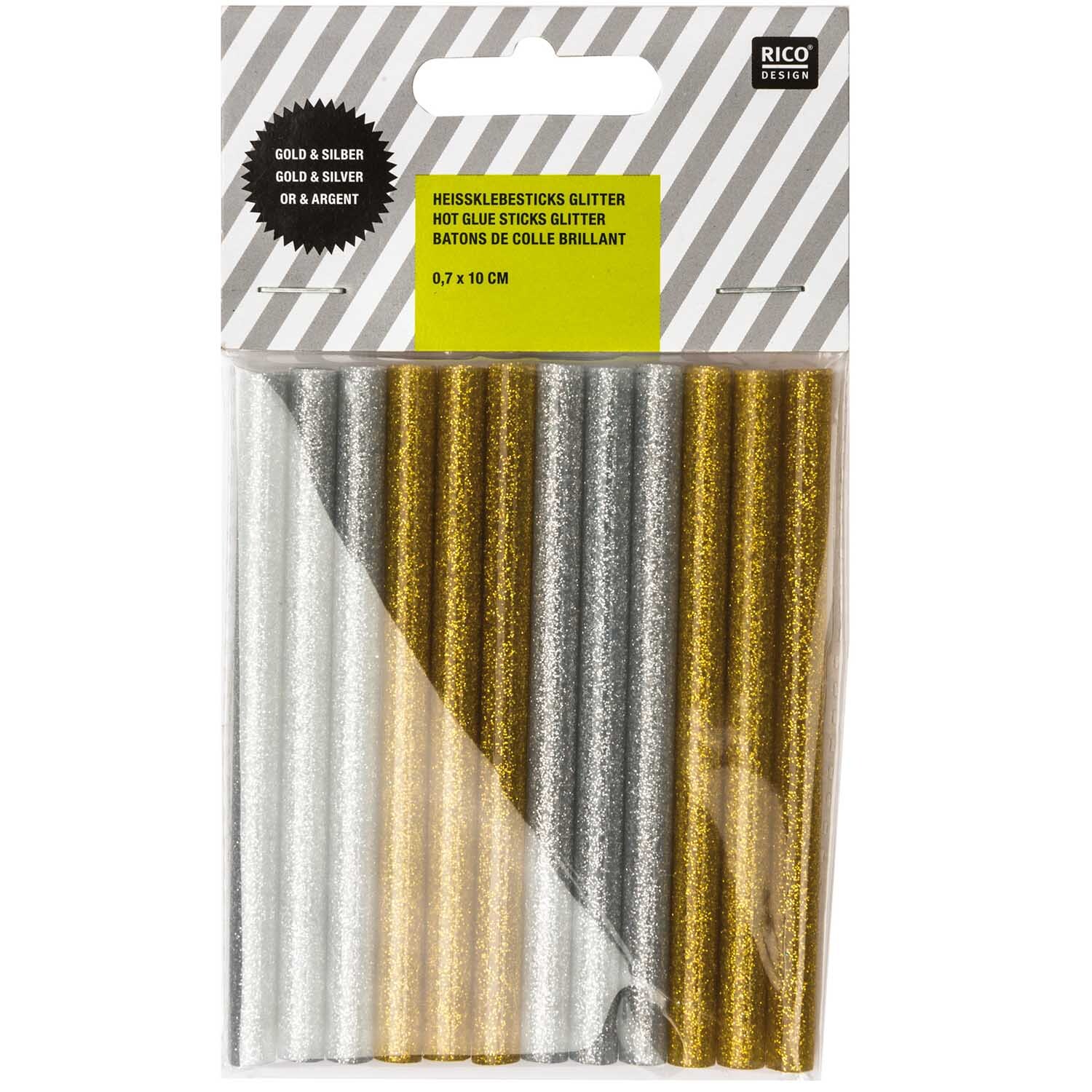 Heißklebesticks glitter gold-silber von Rico Design, 12 Stück, 0,7x10cm, in Verpackung. Ideal für kreative Bastelprojekte.