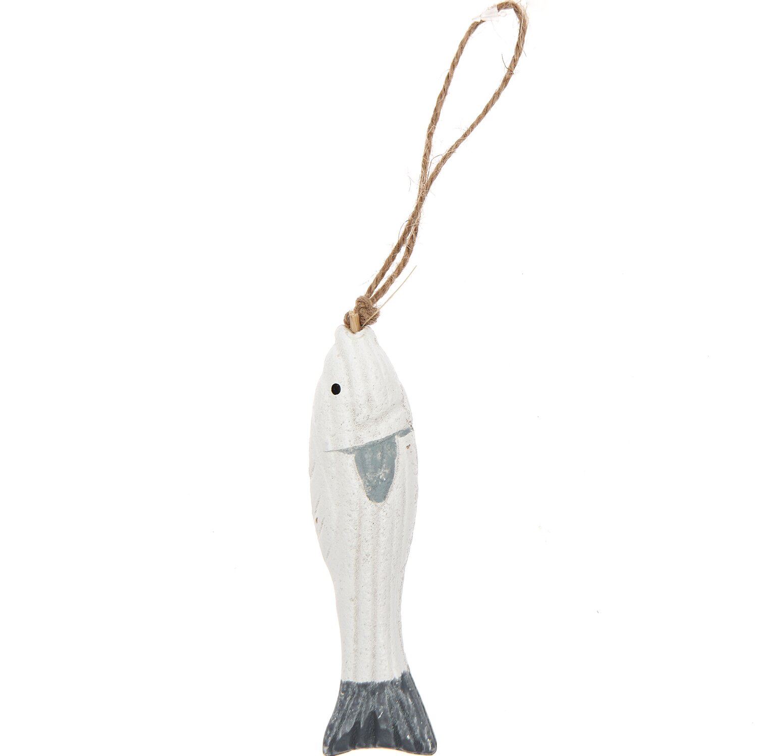 Holzhänger Fisch grau-weiß 11x3,5cm von Rico Design: Dekorativer Anhänger aus Holz mit Juteschnur, ideal für maritime Dekorationen.