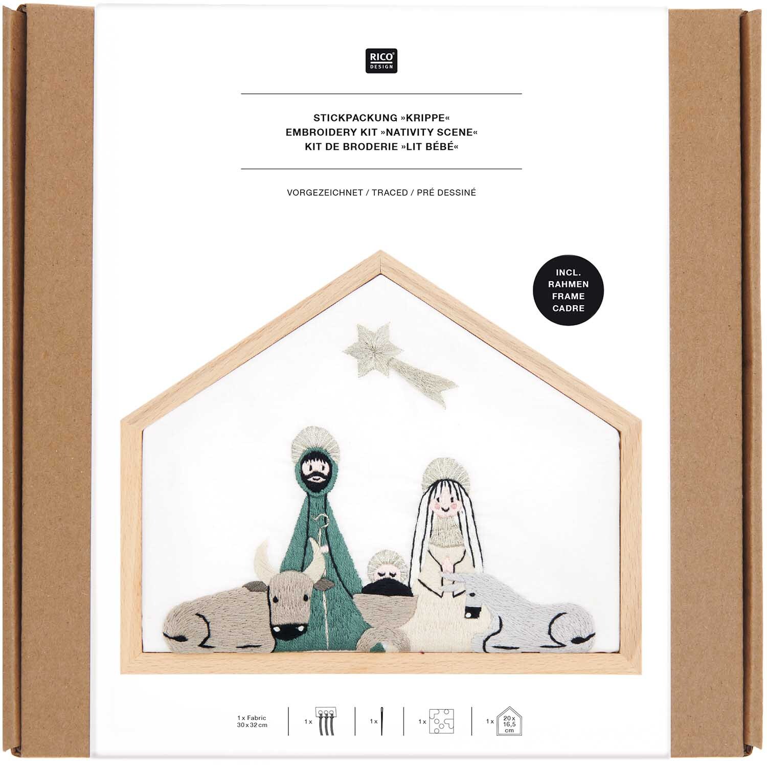Stickpackung Krippe klein vorgezeichnet 20x16,5cm von Rico Design