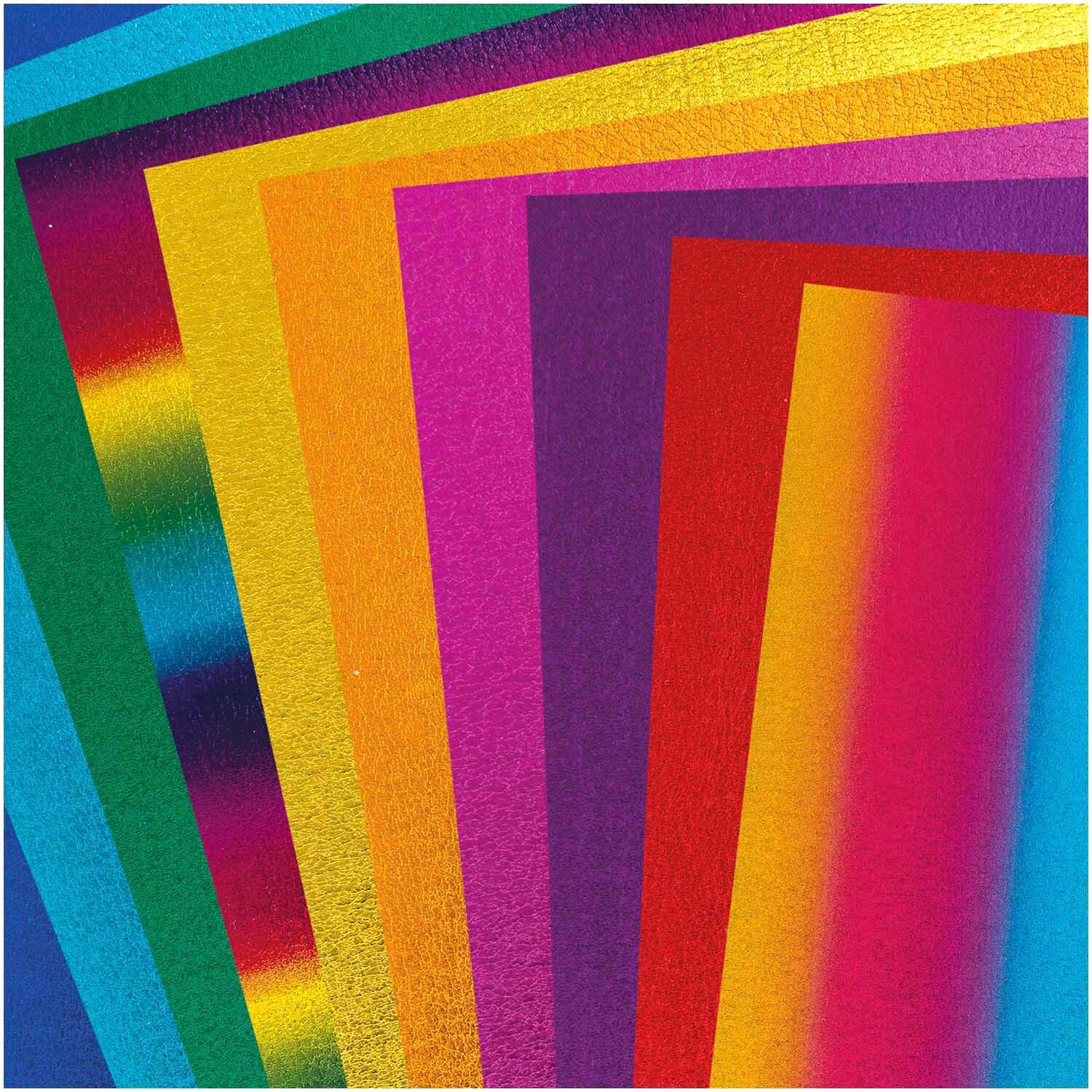Moosgummimix 2mm 20x30cm 10 Farben von Rico Design zeigt bunte, metallische Schaumstoffbögen in verschiedenen Farben.