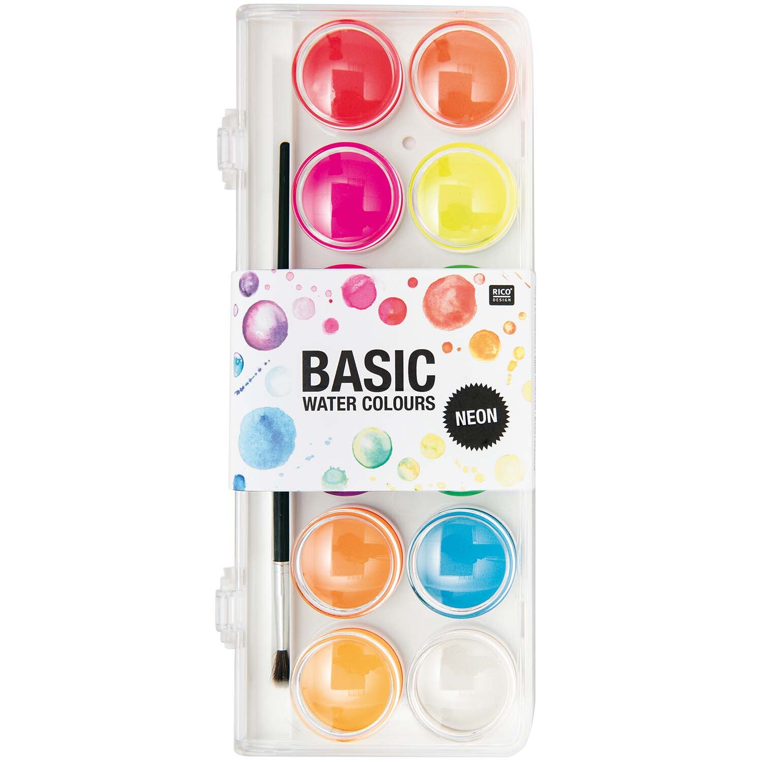 Basic Neon Water Colours Wasserfarbkasten mit 12 leuchtenden Farben und Pinsel von Rico Design.