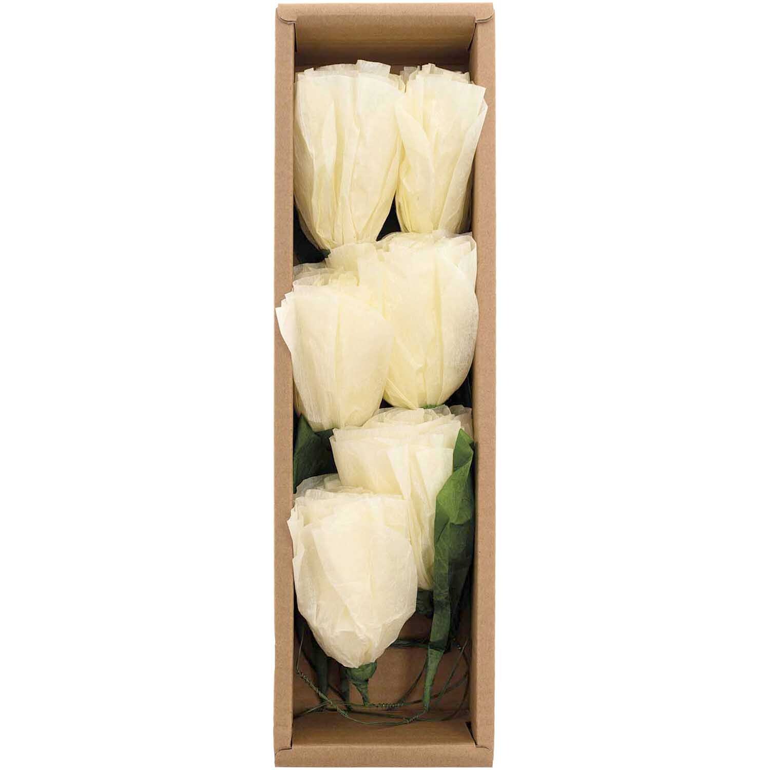 Papierblumen Girlande creme 180cm: Sechs cremefarbene Papierblumen in einer rechteckigen Box von Rico Design.