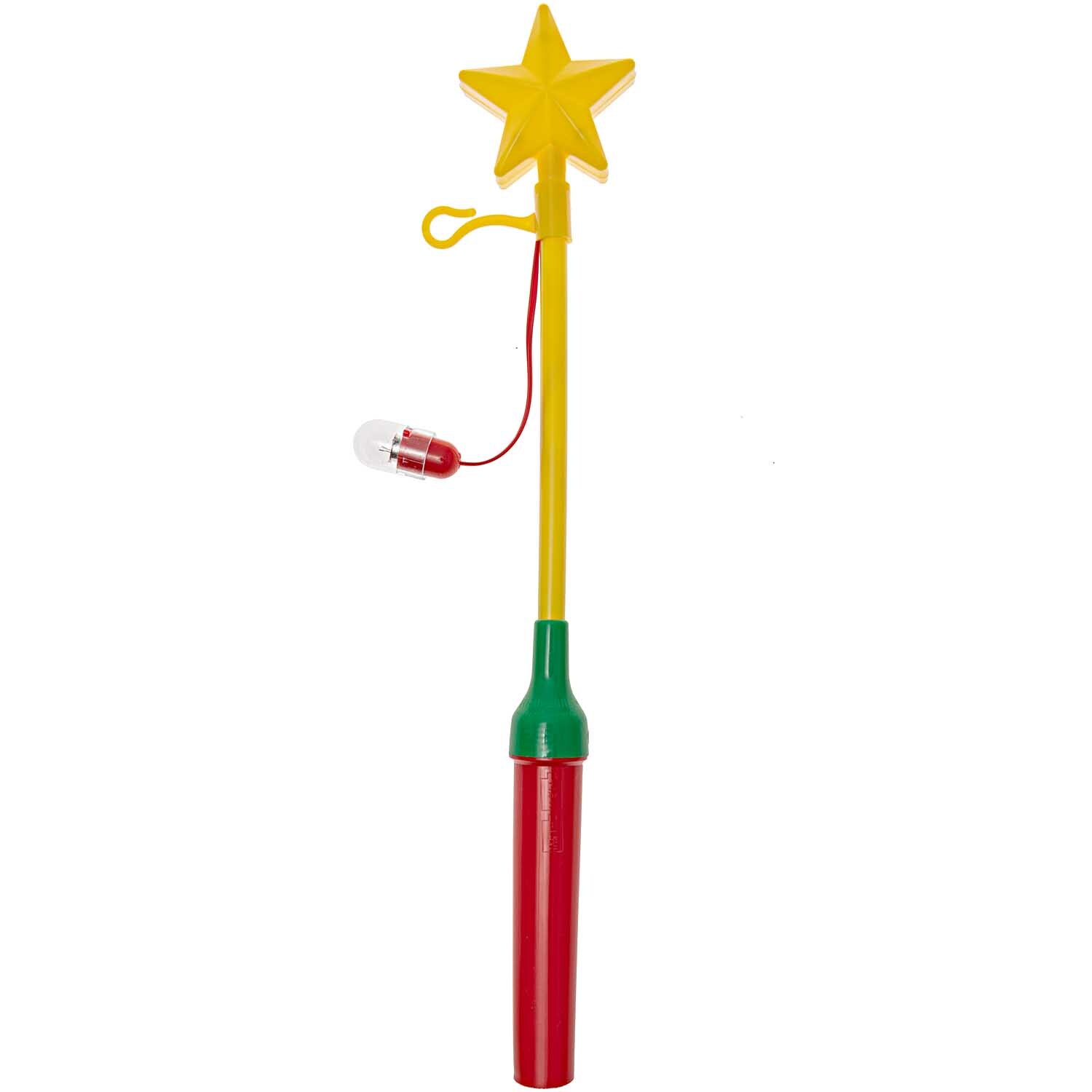 Laternenstab Stern blinkend gelb-rot-grün 34cm mit leuchtendem gelben Stern und rotem Griff. Ideal für festliche Anlässe.