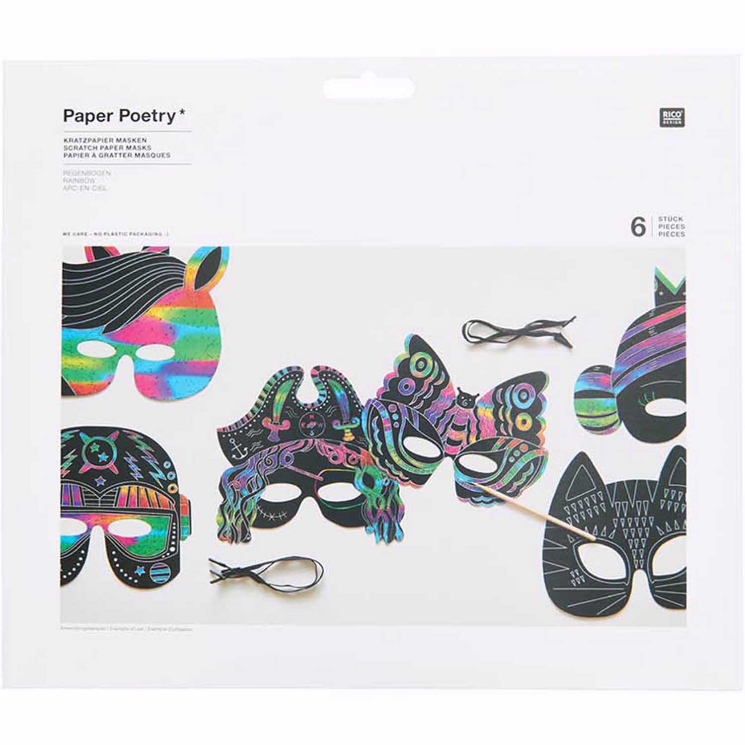 Paper Poetry Kratzpapier Masken Set mit sechs bunten Masken und Holzkratzer von Rico Design. Ideal für kreative Bastelprojekte.