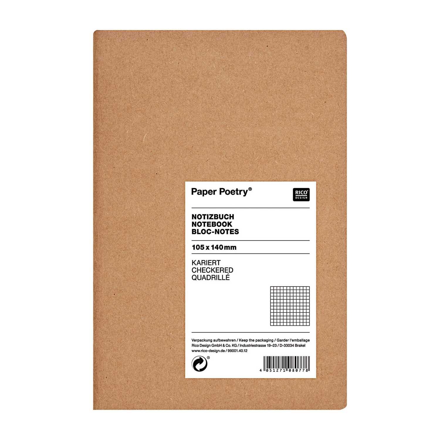 Paper Poetry Notizbuch A6 mit Kraftpapier-Einband, kariert, von Rico Design, ideal für Notizen.