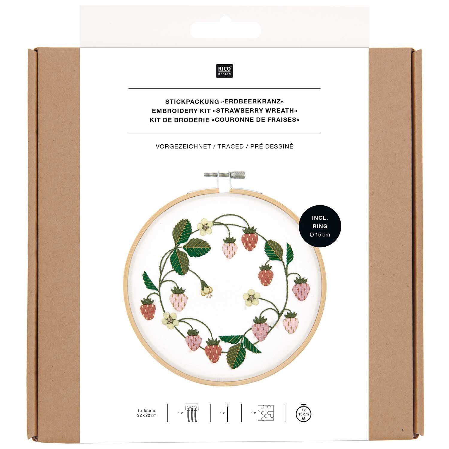 Stickpackung Erdbeerkranz vorgezeichnet von Rico Design